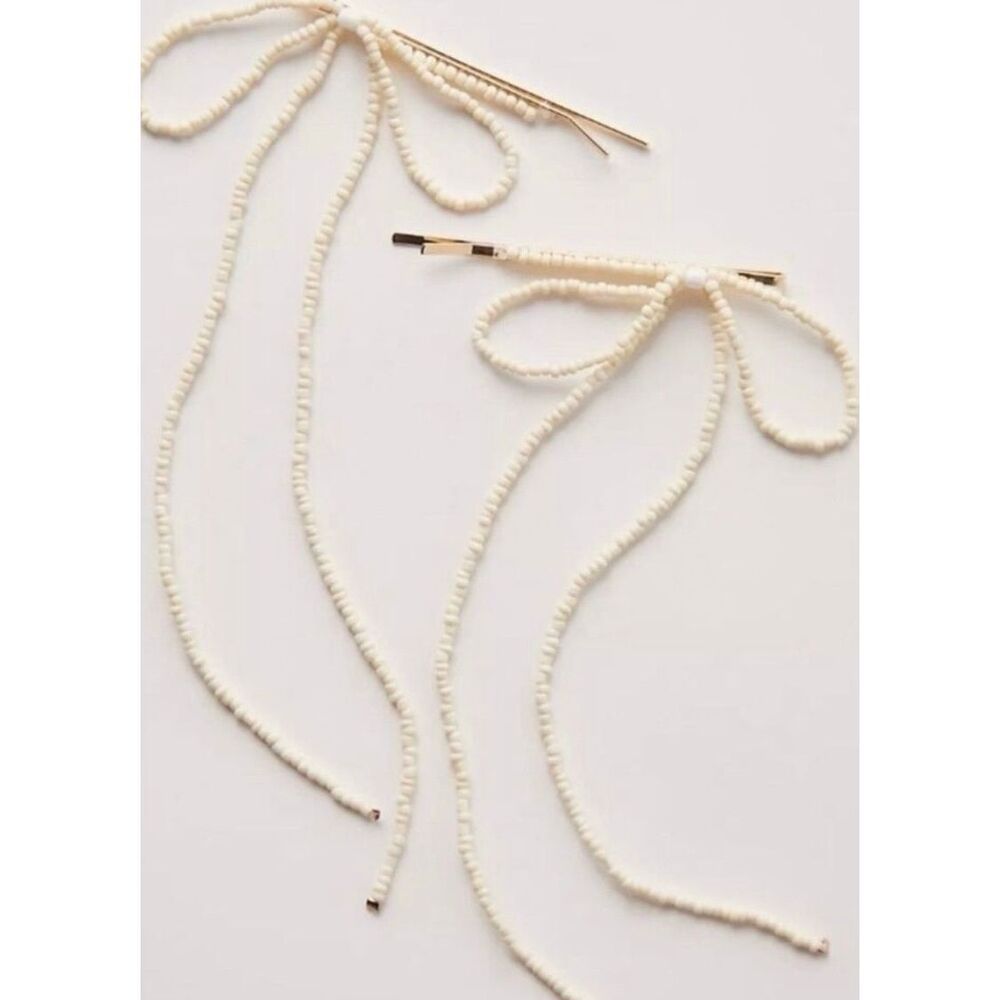 Free People Cream Dainty Beaded Bow Hair Clips NWT